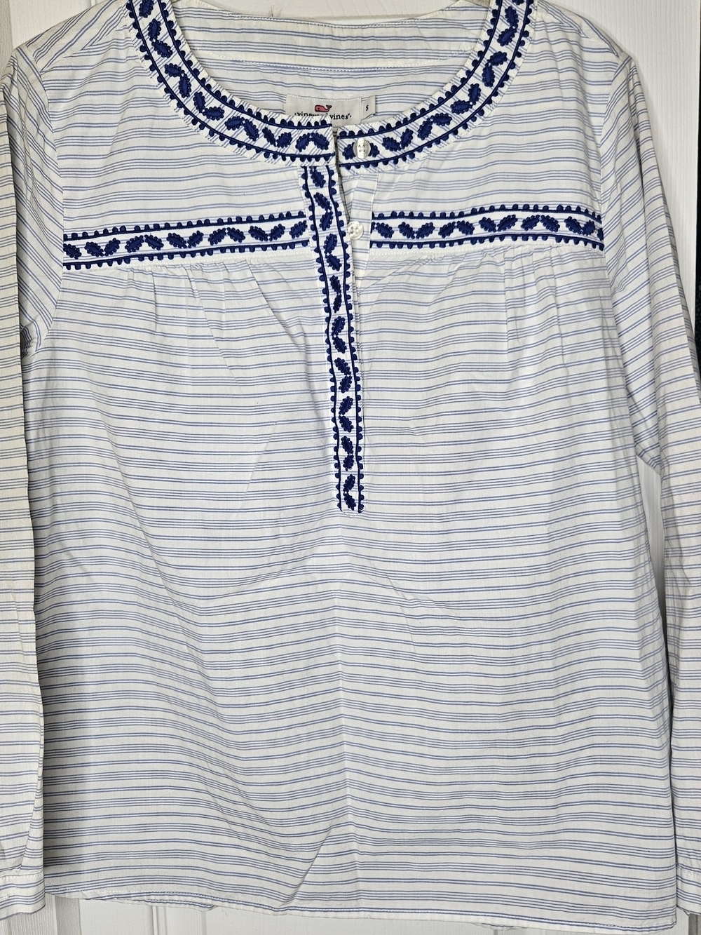 Vineyard Vines Embroidered Blue And White Popover Tunic Blouse Size S